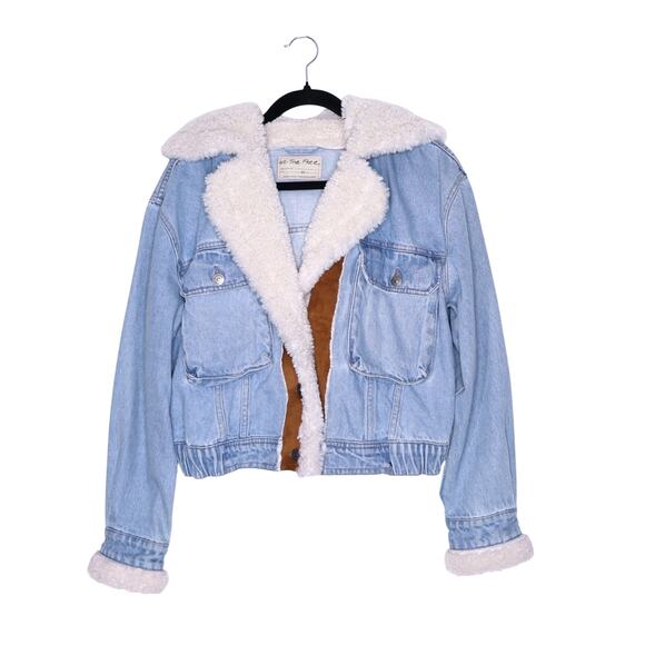 We The Free Jackets & Blazers - WE THE FREE Perry Hooded Denim Jacket Blue Oversized Cropped Fleece Women's XS